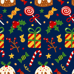Seamless Christmas and New Year pattern. Pattern with New Year and Christmas elements for decorating gift wrapping, posters, postcards, stationery.