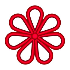 A scarlet round lace is folded in the shape of a flower. Macrame, decorative element. Vector illustration, realistic volumetric design, isolated on white background, eps 10.