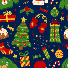 Seamless Christmas and New Year pattern. Pattern with New Year and Christmas elements for decorating gift wrapping, posters, postcards, stationery.