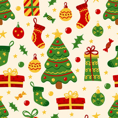 Seamless Christmas and New Year pattern. Pattern with New Year and Christmas elements for decorating gift wrapping, posters, postcards, stationery.