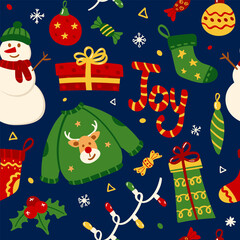 Fototapeta na wymiar Seamless Christmas and New Year pattern. Pattern with New Year and Christmas elements for decorating gift wrapping, posters, postcards, stationery.