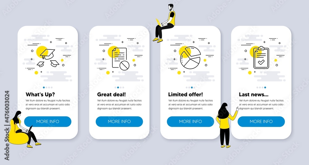 Poster vector set of education icons related to throw hats, wrong file and pie chart icons. ui phone app sc