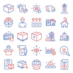 Industrial icons set. Included icon as Construction building, Lighthouse, Engineer signs. Skyscraper buildings, Operational excellence, Technical documentation symbols. Package location. Vector