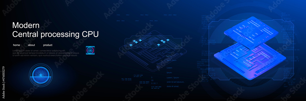 Poster 3d microprocessor generation. a chip for processing large amounts of information. development of ele