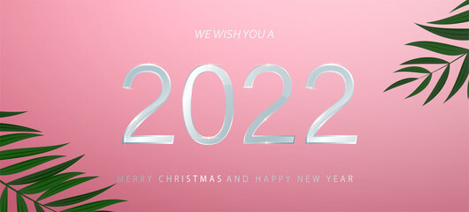 Fototapeta na wymiar 2022 Happy New Year vector holiday on soft pink background. Elegant Christmas congratulation with 3D realistic glass text. Shiny party background. Festive premium template for holiday. Vector EPS10.
