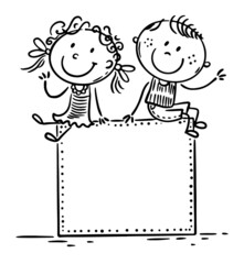 Happy doodle cartoon kids with a blank frame, outline