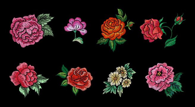 Stitch embroidery flowers. Embroidered floral design, flower bouquet. Fashion ornament vintage style, ethnic hand made patch. Nowaday rose peony vector kit