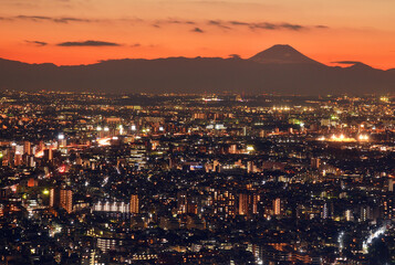 Tokyo night view and silhouette of Mt. Fuji