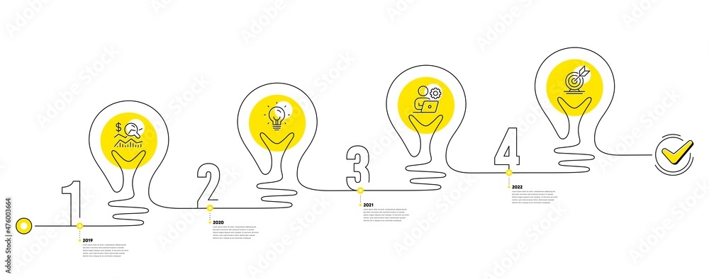Poster business infographic timeline with 4 steps. lightbulb journey path infographics. workflow process di
