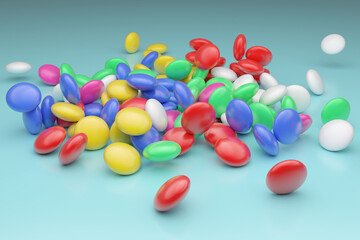 Multi-colored dragees of medicines, scattered on the table.