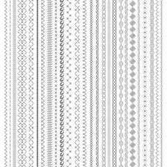 Fotobehang Sewing seams. Embroidery stripe, geometric stitched lines. Sew stitch or seam, seamless fabric borders. Isolated decorative cross embroidered, nowaday vector elements © MicroOne