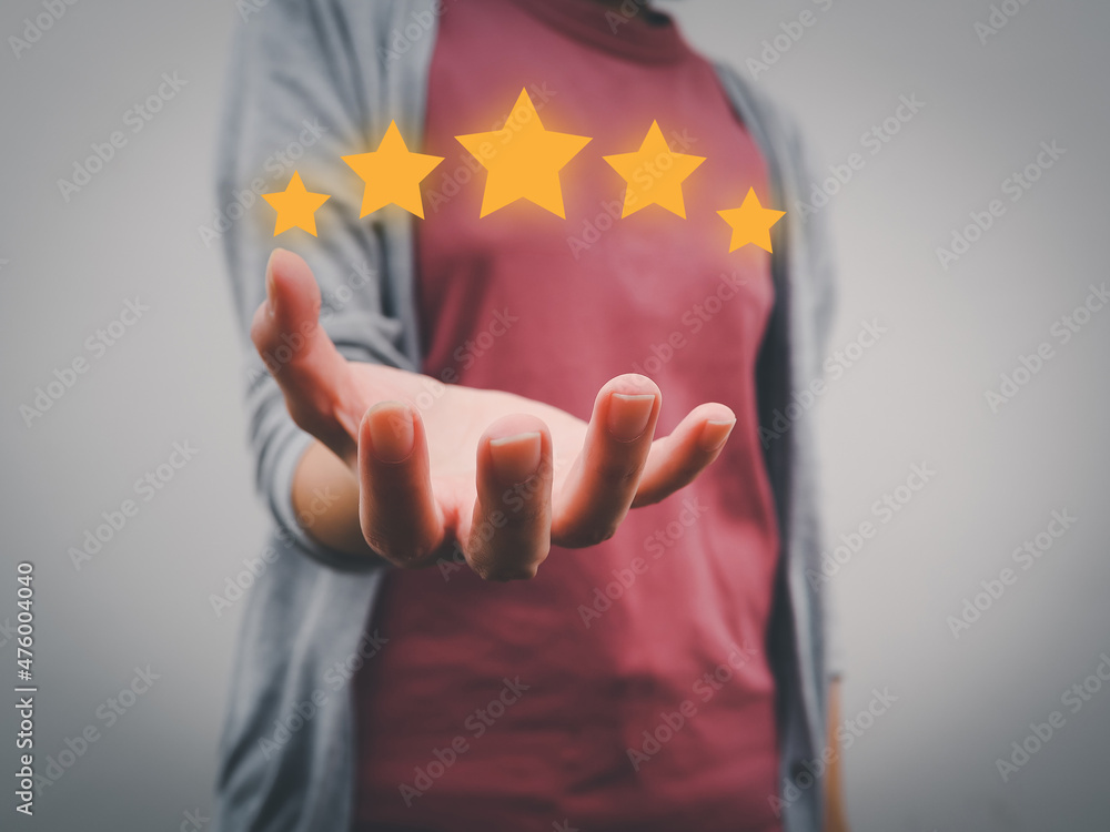 Poster the image is displayed on the palm of the hand. the customer satisfaction concept that gives five st