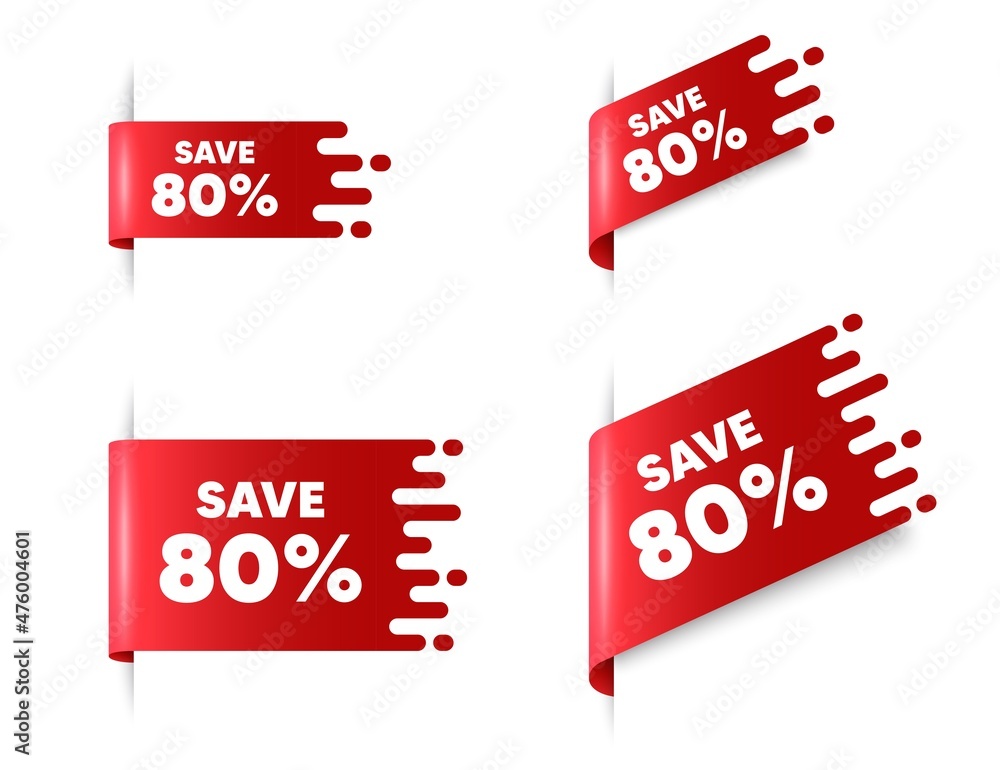 Wall mural save 80 percent off. red ribbon tag banners set. sale discount offer price sign. special offer symbo