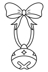 Round bell. Sketch. Jingle bell. The bell hangs on a ribbon and is decorated with a bow. A musical instrument that makes a ringing sound. Vector illustration. Jingling bells. Coloring book 