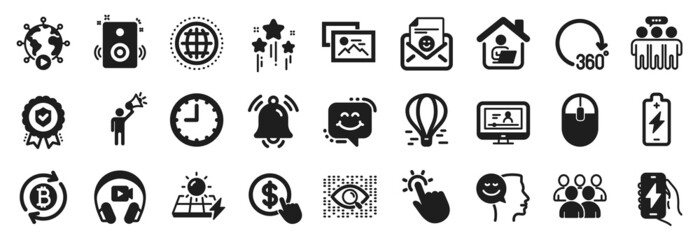 Set of Technology icons, such as Touchpoint, 360 degrees, Time icons. Headphones, Stars, Speakers signs. Photo album, Brand ambassador, Computer mouse. Buy currency, Solar panels, Smile. Vector