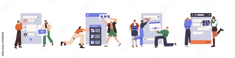 Poster ui ux design concept. people web-designers at creation process of creating interfaces, visual conten
