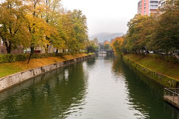 Fototapeta na wymiar Ljubljana river canal historic buildings, Slovenia