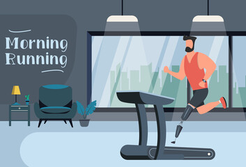 Man with a prosthetic leg runs on a treadmill in home. Vector illustration