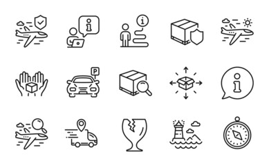 Transportation icons set. Included icon as Airplane travel, Parcel delivery, Hold box signs. Search package, Lighthouse, Travel compass symbols. Parking, Search flight, Delivery insurance. Vector