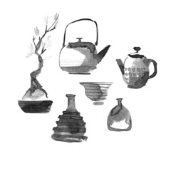 Sumi-e ink painting tea theme, teapot, bowl, ceramics and bonsai. Minimalism zen style.