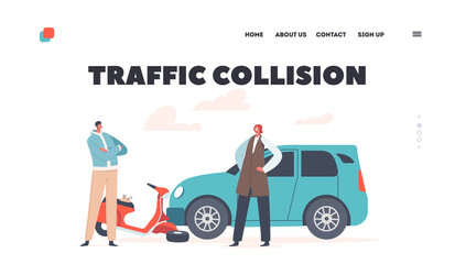 Traffic Collision Landing Page Template. Car Hit Driver on Scooter, Accident with Automobile and Person on City Road