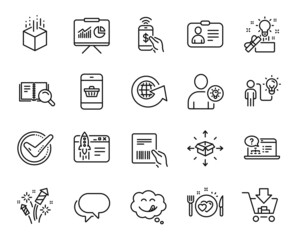 Vector set of Parcel invoice, User idea and Talk bubble line icons set. Phone payment, Yummy smile and Smartphone buying icons. Fireworks rocket, Creative idea and Confirmed signs. Vector