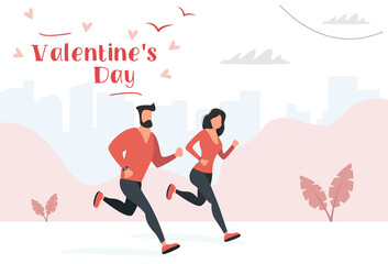 Fototapeta na wymiar Young couple in love man and woman running together. Valentines day. Vector illustration