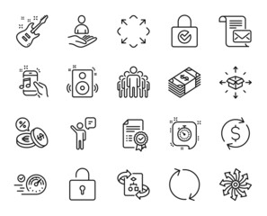 Vector set of Timer, Lock and Dollar exchange line icons set. Usd currency, Certificate and Refresh icons. Password encryption, Versatile and Parcel delivery signs. Timer web symbol. Vector
