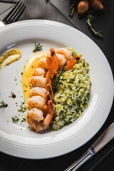 Delicious Contemporary Classic Food Dish Plate Menu Lunch Breakfast Rice Beans Pasta Sausage Shrimp on the Table