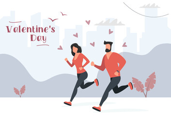 Young couple in love man and woman running together. Valentines day. Vector illustration in modern style