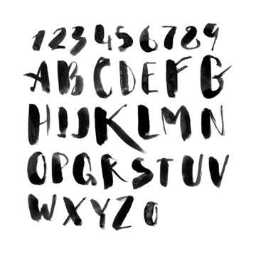Calligraphy alphabet, letters and numbers, hand drawn style