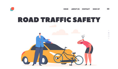 Road Traffic Safety Landing Page Template. Car Bump into Bicycle with Bicyclist Woman, Driver Stand at Broken Automobile