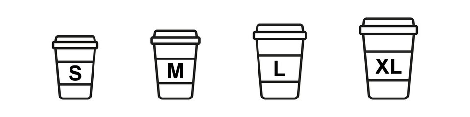 Coffee cup size set. Small middle large and xl size for paper cups vector set. Coffee menu icons isolated on white background.