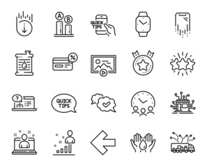 Vector set of Distribution, Meeting time and Stats line icons set. Ranking star, Ab testing and Education icons. Best manager, Left arrow and Oil barrel signs. Distribution web symbol. Vector