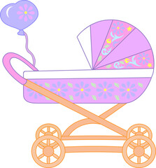 Baby pink stroller, vector drawing of a vehicle for a child, illustration of a stroller with flowers, green leaves, baby toy, stroller