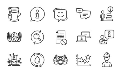 Business icons set. Included icon as Wrong file, Tea, Ranking stars signs. Smile face, Outsource work, Refill water symbols. Search, Laureate award, Puzzle options. Laureate medal, Foreman. Vector