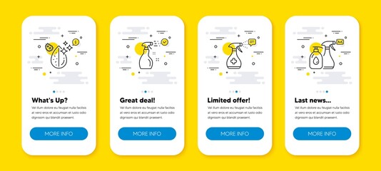 Vector set of Medical, Cleaning spray and Dirty water line icons set. UI phone app screens with line icons. Sanitizer spray, Washing cleanser, Aqua drop. Antiseptic soap. Phone UI banners. Vector
