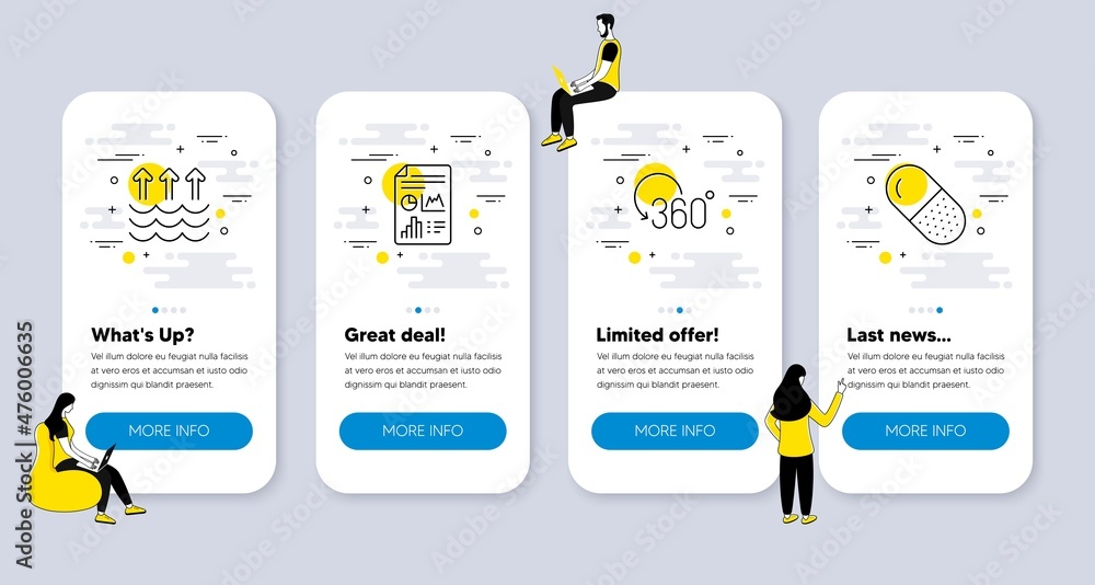 Poster vector set of science icons related to evaporation, report document and full rotation icons. ui phon