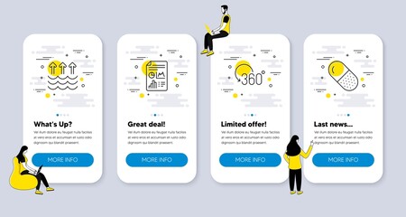 Vector Set of Science icons related to Evaporation, Report document and Full rotation icons. UI phone app screens with people. Capsule pill line symbols. Vector