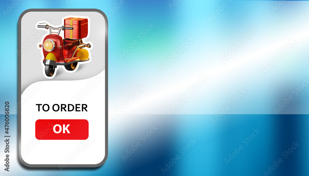 Poster order delivery in the mobile app. delivery scooter and the word order on the smartphone screen. deli