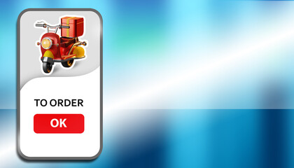 Order delivery in the mobile app. Delivery scooter and the word Order on the smartphone screen. Delivery adv. Call the courier through the app. Place for text. Software for  courier service. 3d image