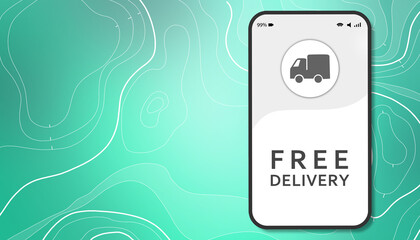 Free delivery. Tracking delivery in the mobile app. Place for advertising next to smartphone. Online shopping with free shipping. Courier and logistics services. 3d image