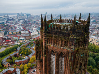 Aerial panorama of Liverpool Anglican cathedral historical North West England landmark. Cathedral...