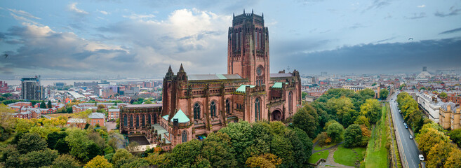 Aerial panorama of Liverpool Anglican cathedral historical North West England landmark. Cathedral Church of the Risen Christ inLiverpool - obrazy, fototapety, plakaty