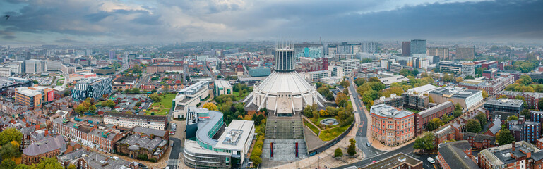 Aerial panorama of Liverpool Metropolitan cathedral contemporary city famous rooftop spires in UK.