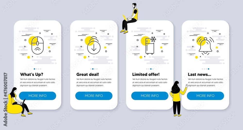 Poster vector set of technology icons related to scroll down, swipe up and refrigerator icons. ui phone app