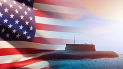 US Navy. A submarine and an American flag. A nuclear submarine at sea or in the ocean. Protection...