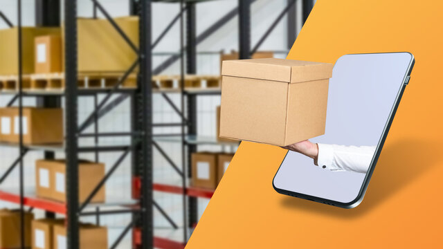 Warehouse application in a smartphone. Warehouse logistics program. Accounting of goods in the storehouse. Smartphone and cardboard box. Background of warehouse shelves. Storage of goods. 3d image
