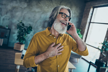 Portrait of tremdy handsome cheerful gray-haired man director talking on phone laughing at...
