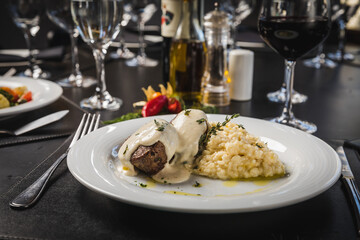 Delicious Contemporary Classic Food Dish Plate Menu Lunch Breakfast Rice Beans Pasta Sausage Shrimp on the Table